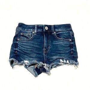 American Eagle High Rise Shortie Dark Wash Distressed Denim Shorts Size 0 Blue